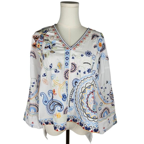 Liv Los Angeles Top Large White Embroidered Boho Floral Turtles Birds - Picture 1 of 12